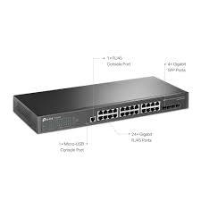 Omada 24-Port Gigabit L2+ Managed Switch with 4 SFP Slots, 24Ã Gigabit RJ45 Ports, 4Ã Gigabit SFP Slots, RJ45/Micro-USB Console Port, 1U 19-inch Rack-mountable Steel Case, Integration with Omada SDN C